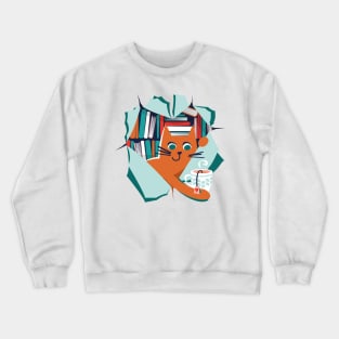 Bookish cat // orange tabby cat with tea mug teal neon red white and flesh coral books Crewneck Sweatshirt